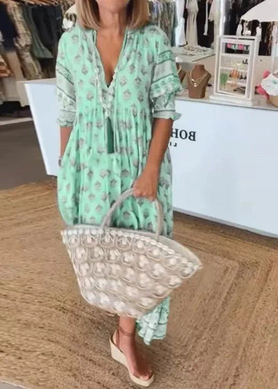 Nieuwe Mode Boheemse Lantaarn Mouw Jurk Lente Zomer Vrouwen V - hals Strand Lange Jurk Elegante Hoge Taille Geplooide Vakantie Jurken - PurePaw