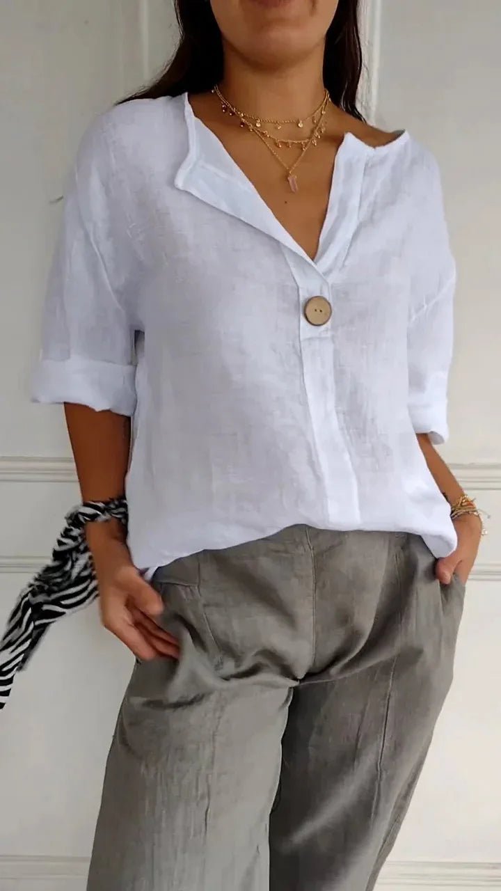 Summer Shirt And Blouses For Women Top V - neck Button Tee Shirts Casual 3/4 Sleeve White Top Loose Fit Pullover Women's - PurePaw