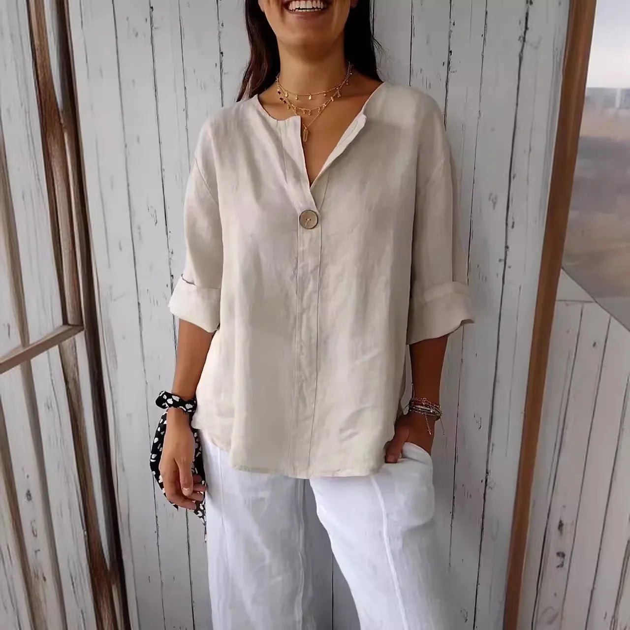 Summer Shirt And Blouses For Women Top V - neck Button Tee Shirts Casual 3/4 Sleeve White Top Loose Fit Pullover Women's - PurePaw