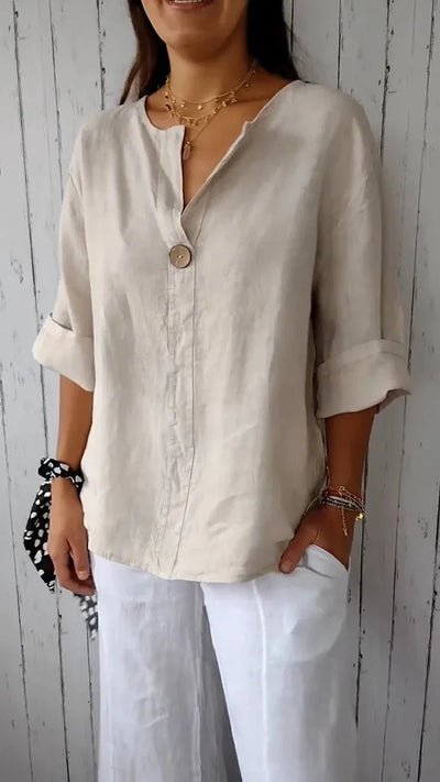 Summer Shirt And Blouses For Women Top V - neck Button Tee Shirts Casual 3/4 Sleeve White Top Loose Fit Pullover Women's - PurePaw