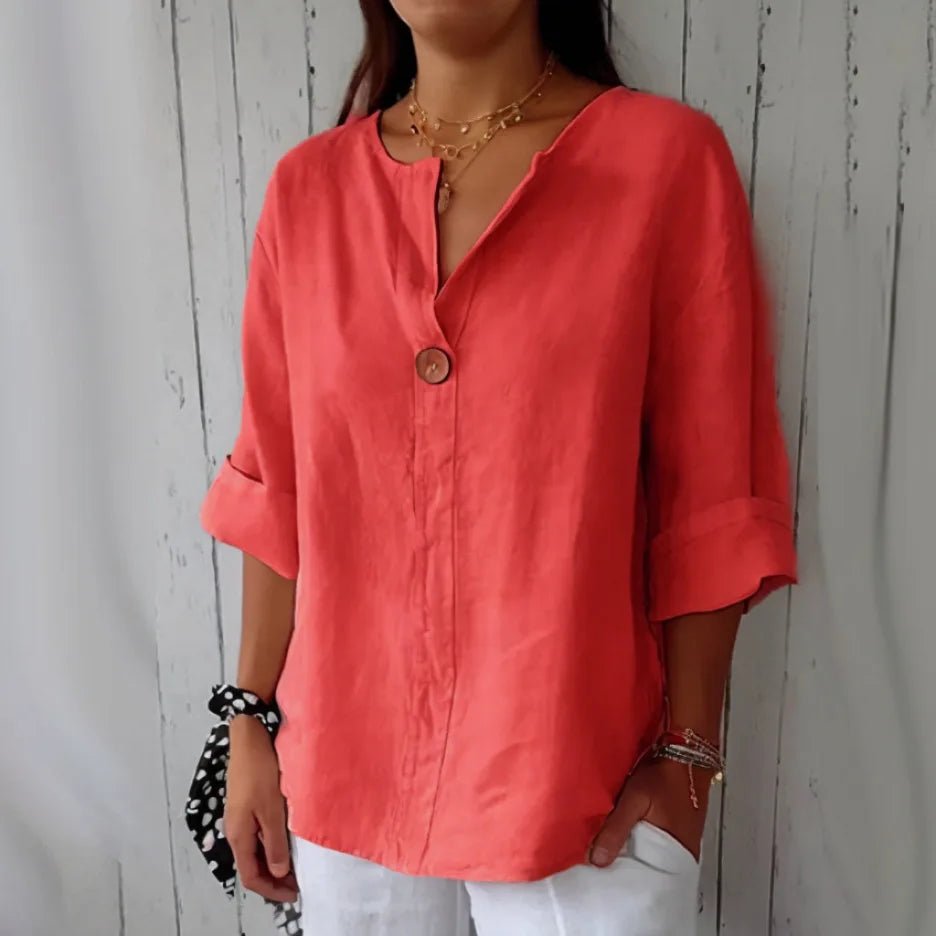 Summer Shirt And Blouses For Women Top V - neck Button Tee Shirts Casual 3/4 Sleeve White Top Loose Fit Pullover Women's - PurePaw