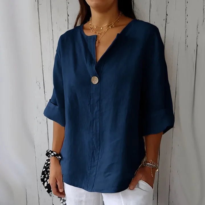 Summer Shirt And Blouses For Women Top V - neck Button Tee Shirts Casual 3/4 Sleeve White Top Loose Fit Pullover Women's - PurePaw