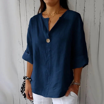 Summer Shirt And Blouses For Women Top V - neck Button Tee Shirts Casual 3/4 Sleeve White Top Loose Fit Pullover Women's - PurePaw