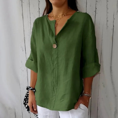 Summer Shirt And Blouses For Women Top V - neck Button Tee Shirts Casual 3/4 Sleeve White Top Loose Fit Pullover Women's - PurePaw