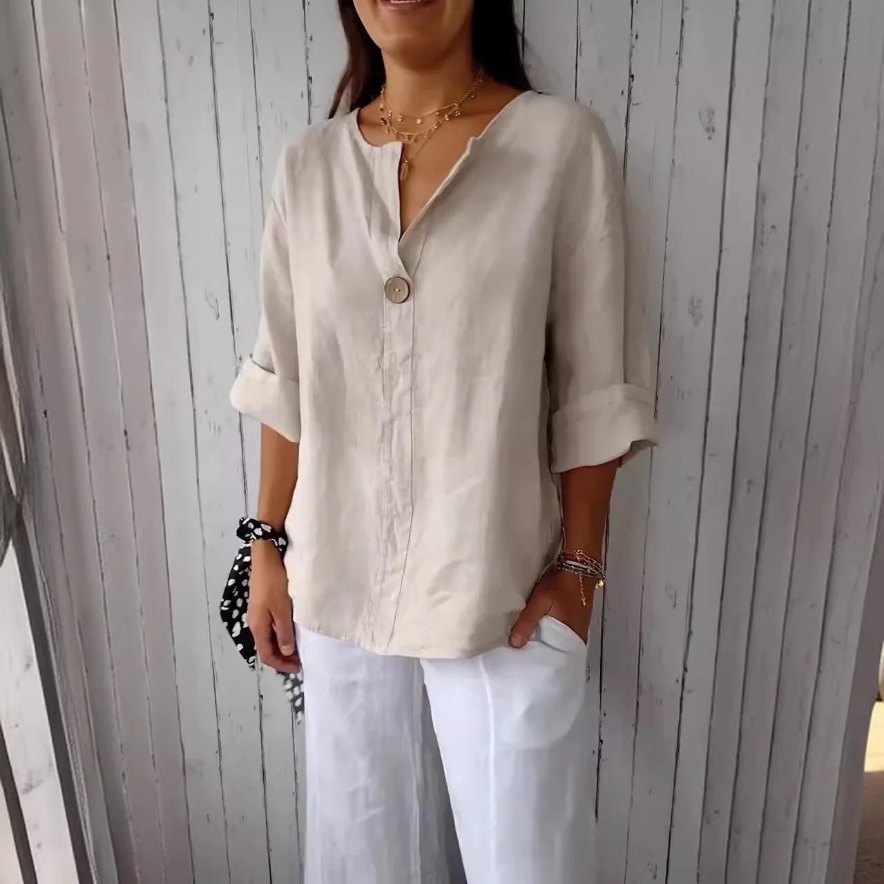 Summer Shirt And Blouses For Women Top V - neck Button Tee Shirts Casual 3/4 Sleeve White Top Loose Fit Pullover Women's - PurePaw