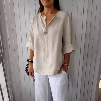 Summer Shirt And Blouses For Women Top V - neck Button Tee Shirts Casual 3/4 Sleeve White Top Loose Fit Pullover Women's - PurePaw