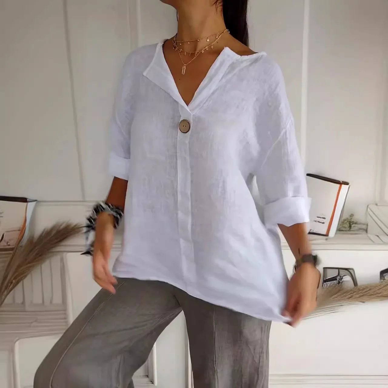 Summer Shirt And Blouses For Women Top V - neck Button Tee Shirts Casual 3/4 Sleeve White Top Loose Fit Pullover Women's - PurePaw