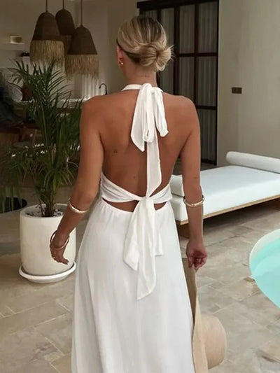 Taruxy Halter Backless Maxi Jurk Voor Vrouwen Veters Jump Higt Taille Split Sexy Vakantie Lange Jurk Elegante Clubfeest Vestidos - PurePaw