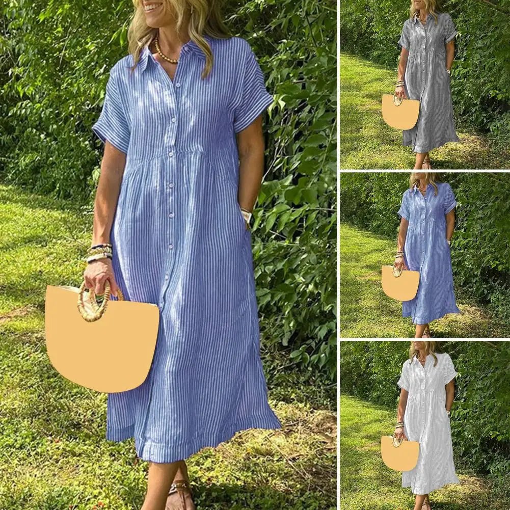 Vrouwen Witte V - hals Strandjurk Effen Zomer A - lijn Korte Mouw Jurk Casual Losse Zak Zonnejurk Vakantie Baggy Lange Gewaad - PurePaw