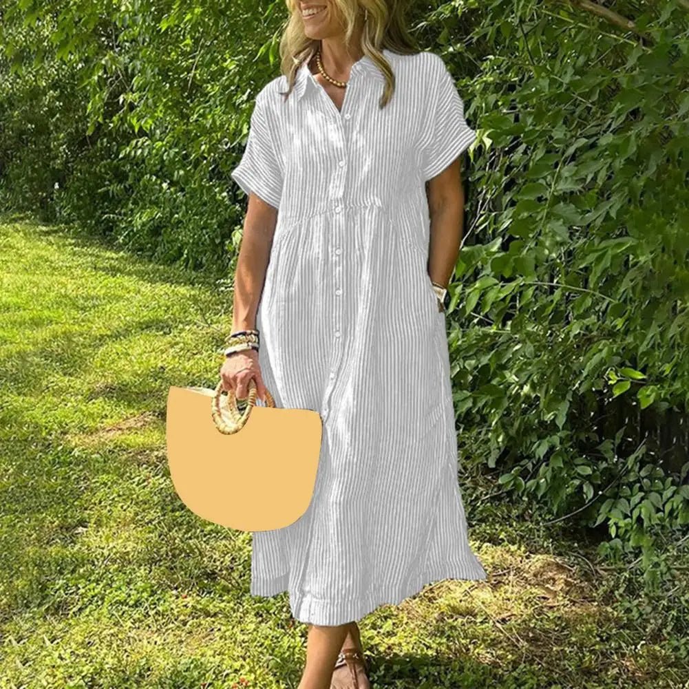 Vrouwen Witte V - hals Strandjurk Effen Zomer A - lijn Korte Mouw Jurk Casual Losse Zak Zonnejurk Vakantie Baggy Lange Gewaad - PurePaw