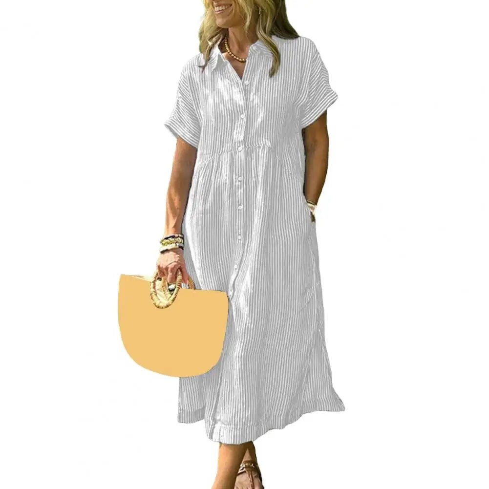 Vrouwen Witte V - hals Strandjurk Effen Zomer A - lijn Korte Mouw Jurk Casual Losse Zak Zonnejurk Vakantie Baggy Lange Gewaad - PurePaw