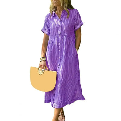 Vrouwen Witte V - hals Strandjurk Effen Zomer A - lijn Korte Mouw Jurk Casual Losse Zak Zonnejurk Vakantie Baggy Lange Gewaad - PurePaw