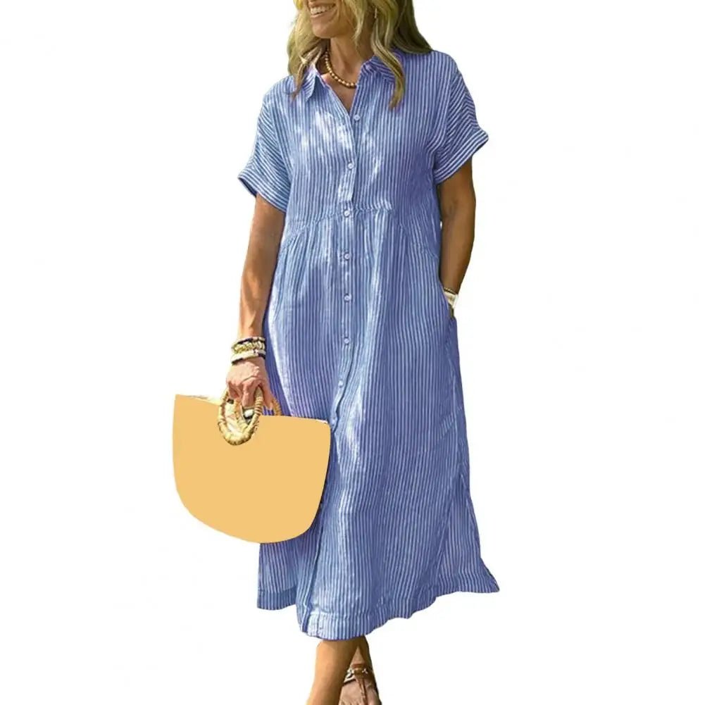Vrouwen Witte V - hals Strandjurk Effen Zomer A - lijn Korte Mouw Jurk Casual Losse Zak Zonnejurk Vakantie Baggy Lange Gewaad - PurePaw