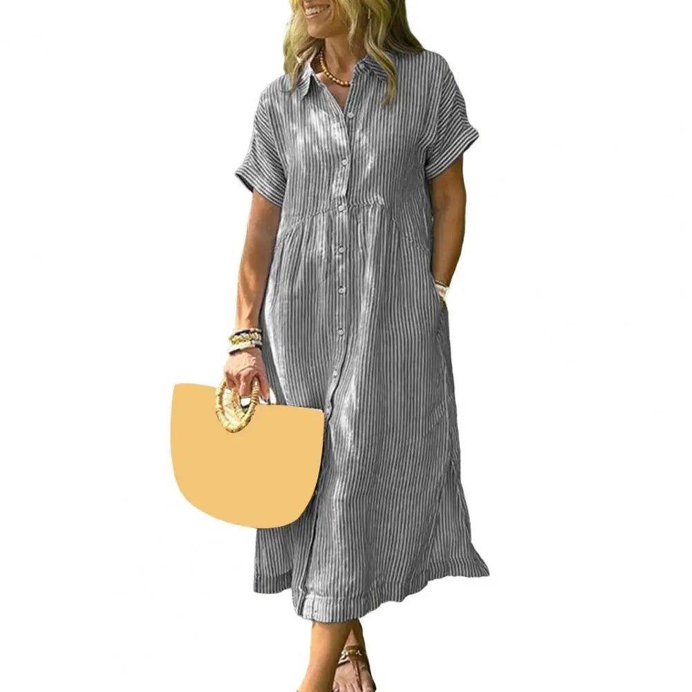 Vrouwen Witte V - hals Strandjurk Effen Zomer A - lijn Korte Mouw Jurk Casual Losse Zak Zonnejurk Vakantie Baggy Lange Gewaad - PurePaw