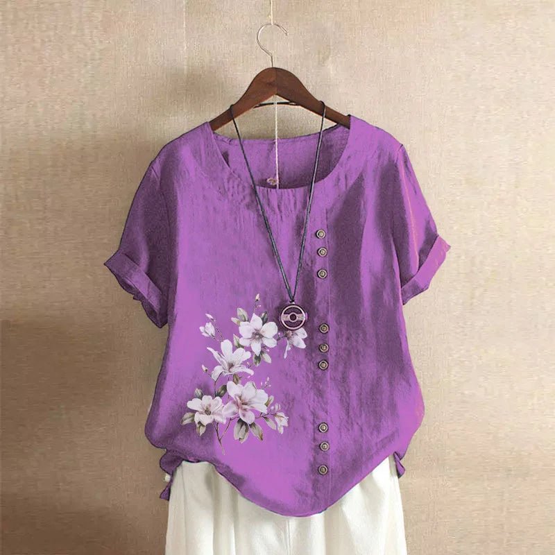 Women Cotton Linen Floral Print Short Sleeve Blouse Shirts Summer Lady Retro Vintage Loose Shirt Tops WYLP - M03 - BHH - PurePaw