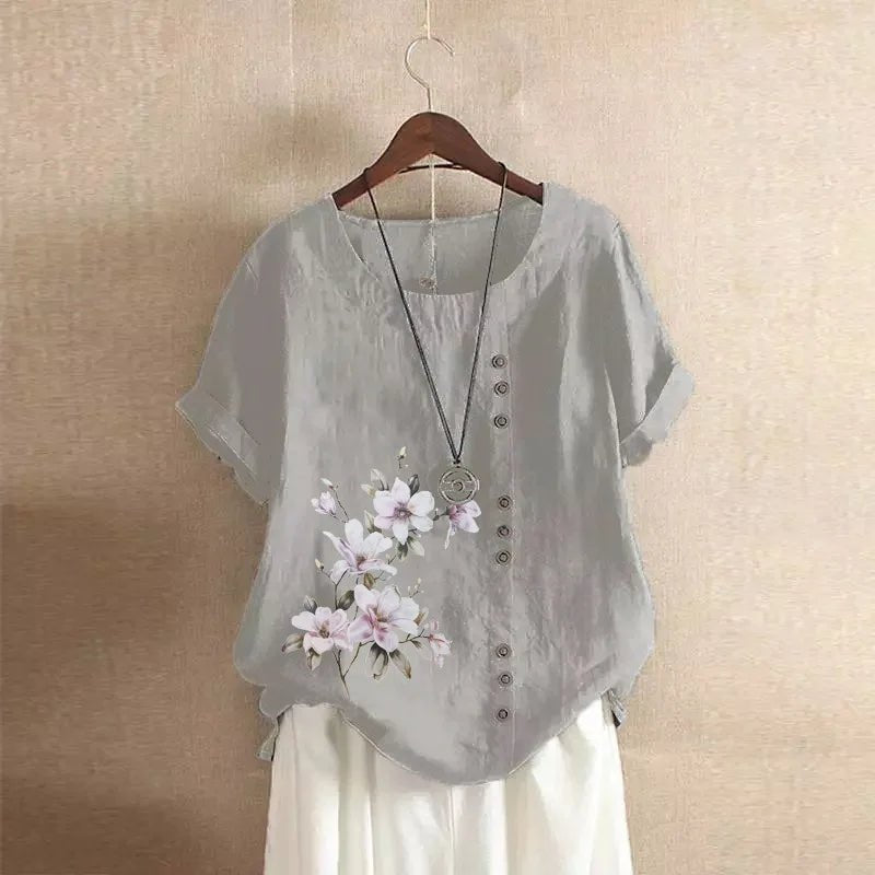 Women Cotton Linen Floral Print Short Sleeve Blouse Shirts Summer Lady Retro Vintage Loose Shirt Tops WYLP - M03 - BHH - PurePaw