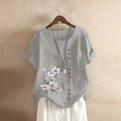 Women Cotton Linen Floral Print Short Sleeve Blouse Shirts Summer Lady Retro Vintage Loose Shirt Tops WYLP - M03 - BHH - PurePaw