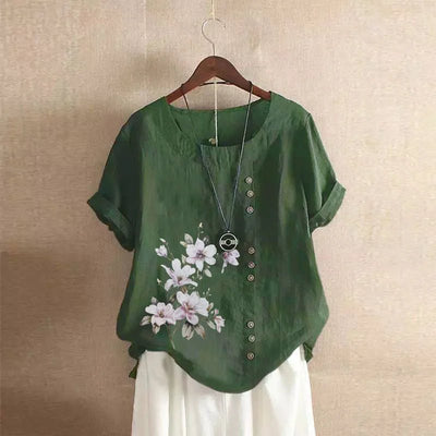 Women Cotton Linen Floral Print Short Sleeve Blouse Shirts Summer Lady Retro Vintage Loose Shirt Tops WYLP - M03 - BHH - PurePaw