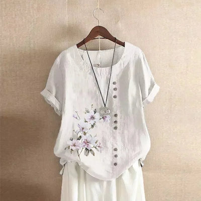 Women Cotton Linen Floral Print Short Sleeve Blouse Shirts Summer Lady Retro Vintage Loose Shirt Tops WYLP - M03 - BHH - PurePaw