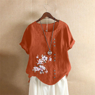 Women Cotton Linen Floral Print Short Sleeve Blouse Shirts Summer Lady Retro Vintage Loose Shirt Tops WYLP - M03 - BHH - PurePaw