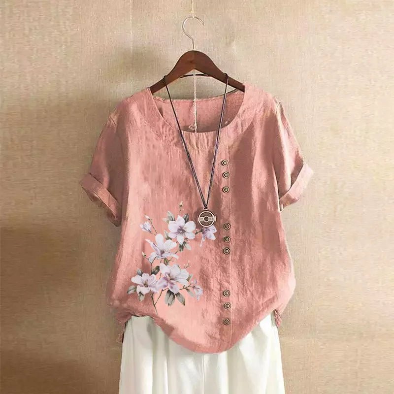 Women Cotton Linen Floral Print Short Sleeve Blouse Shirts Summer Lady Retro Vintage Loose Shirt Tops WYLP - M03 - BHH - PurePaw