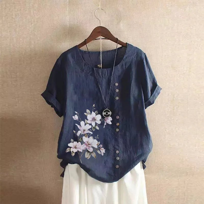 Women Cotton Linen Floral Print Short Sleeve Blouse Shirts Summer Lady Retro Vintage Loose Shirt Tops WYLP - M03 - BHH - PurePaw