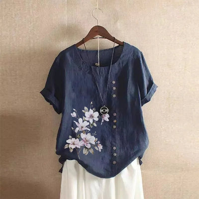 Women Cotton Linen Floral Print Short Sleeve Blouse Shirts Summer Lady Retro Vintage Loose Shirt Tops WYLP - M03 - BHH - PurePaw