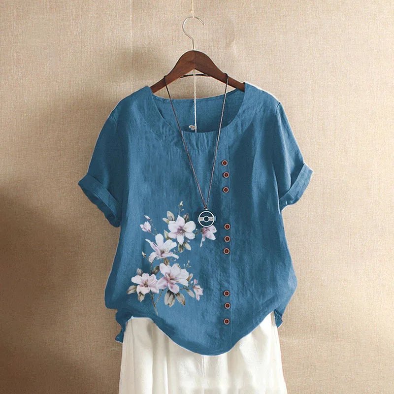 Women Cotton Linen Floral Print Short Sleeve Blouse Shirts Summer Lady Retro Vintage Loose Shirt Tops WYLP - M03 - BHH - PurePaw
