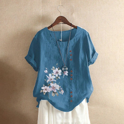 Women Cotton Linen Floral Print Short Sleeve Blouse Shirts Summer Lady Retro Vintage Loose Shirt Tops WYLP - M03 - BHH - PurePaw