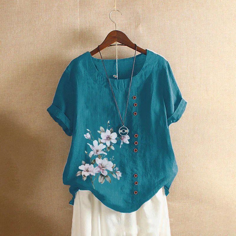 Women Cotton Linen Floral Print Short Sleeve Blouse Shirts Summer Lady Retro Vintage Loose Shirt Tops WYLP - M03 - BHH - PurePaw