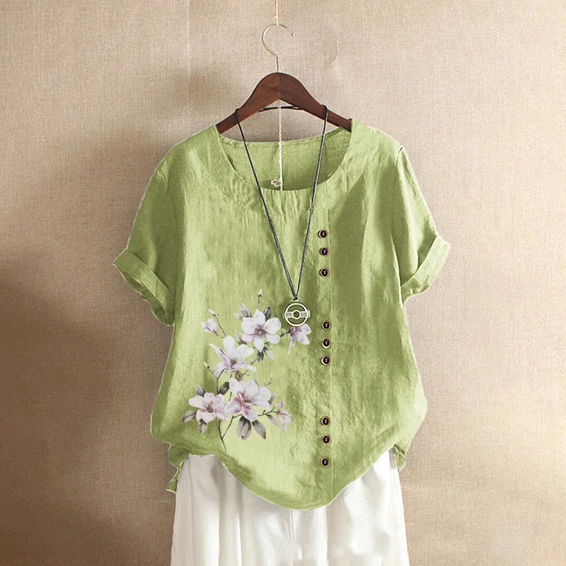 Women Cotton Linen Floral Print Short Sleeve Blouse Shirts Summer Lady Retro Vintage Loose Shirt Tops WYLP - M03 - BHH - PurePaw