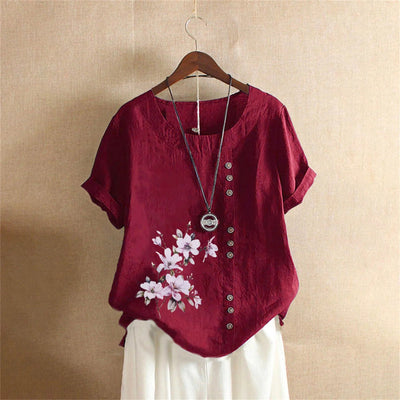 Women Cotton Linen Floral Print Short Sleeve Blouse Shirts Summer Lady Retro Vintage Loose Shirt Tops WYLP - M03 - BHH - PurePaw