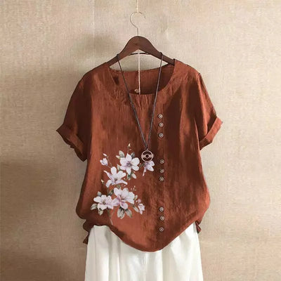 Women Cotton Linen Floral Print Short Sleeve Blouse Shirts Summer Lady Retro Vintage Loose Shirt Tops WYLP - M03 - BHH - PurePaw