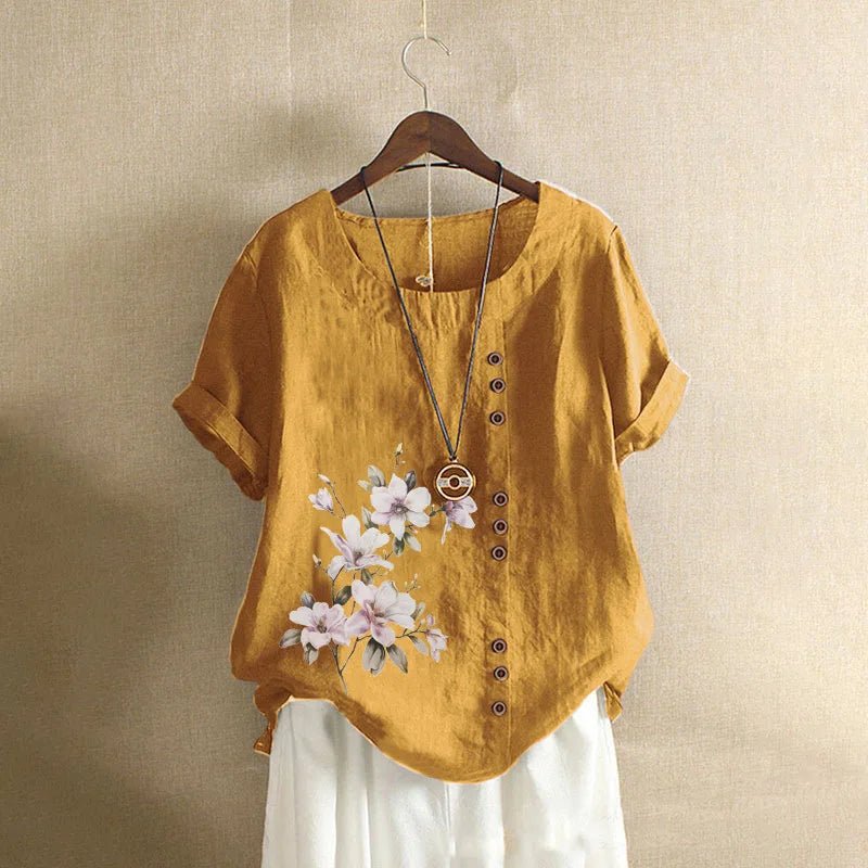 Women Cotton Linen Floral Print Short Sleeve Blouse Shirts Summer Lady Retro Vintage Loose Shirt Tops WYLP - M03 - BHH - PurePaw