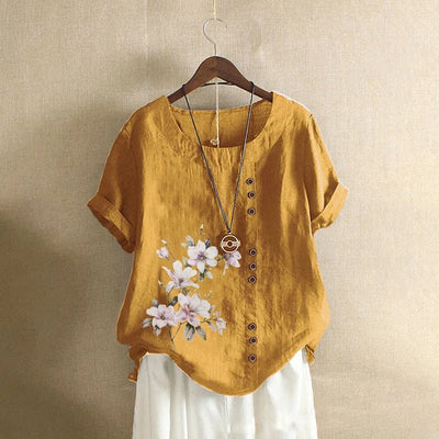Women Cotton Linen Floral Print Short Sleeve Blouse Shirts Summer Lady Retro Vintage Loose Shirt Tops WYLP - M03 - BHH - PurePaw