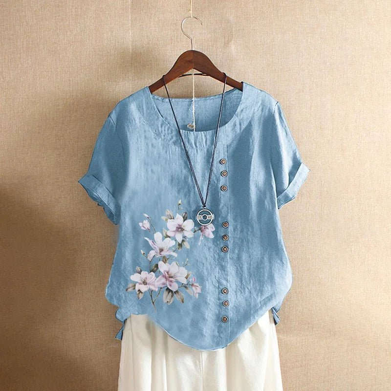 Women Cotton Linen Floral Print Short Sleeve Blouse Shirts Summer Lady Retro Vintage Loose Shirt Tops WYLP - M03 - BHH - PurePaw