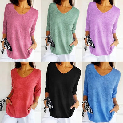 Women V Neck 3/4 Long Sleeve Solid Knitted Pullover Sweater Tops ZBWFZ - 901 - PurePaw