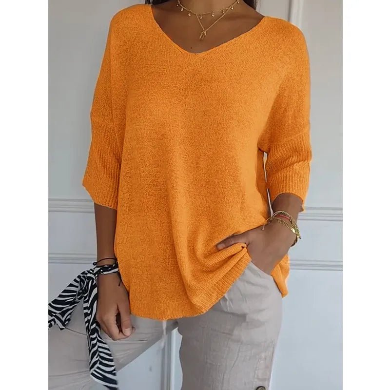 Women V Neck 3/4 Long Sleeve Solid Knitted Pullover Sweater Tops ZBWFZ - 901 - PurePaw