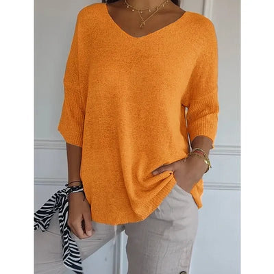 Women V Neck 3/4 Long Sleeve Solid Knitted Pullover Sweater Tops ZBWFZ - 901 - PurePaw