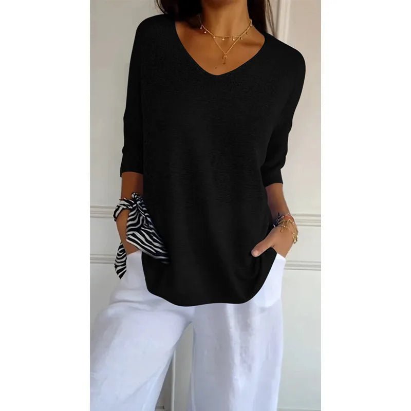 Women V Neck 3/4 Long Sleeve Solid Knitted Pullover Sweater Tops ZBWFZ - 901 - PurePaw