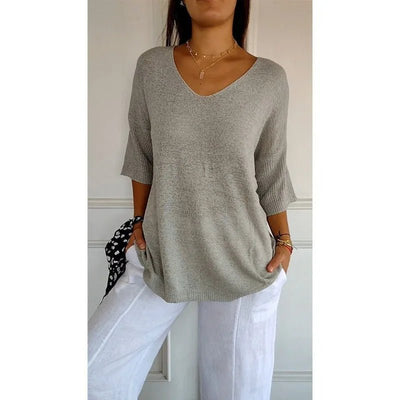 Women V Neck 3/4 Long Sleeve Solid Knitted Pullover Sweater Tops ZBWFZ - 901 - PurePaw