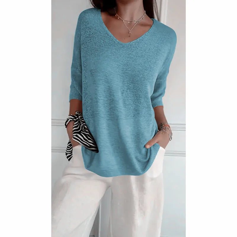 Women V Neck 3/4 Long Sleeve Solid Knitted Pullover Sweater Tops ZBWFZ - 901 - PurePaw