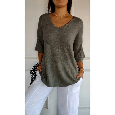 Women V Neck 3/4 Long Sleeve Solid Knitted Pullover Sweater Tops ZBWFZ - 901 - PurePaw