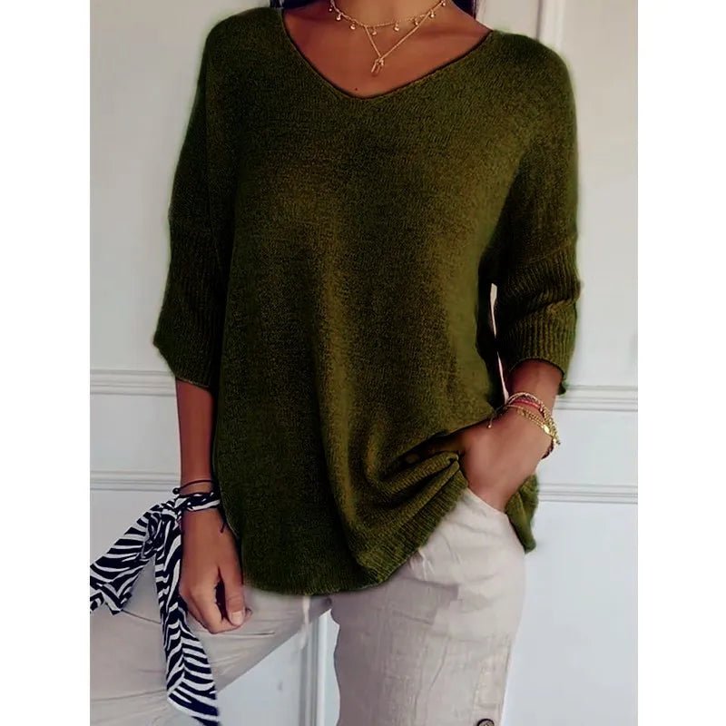 Women V Neck 3/4 Long Sleeve Solid Knitted Pullover Sweater Tops ZBWFZ - 901 - PurePaw