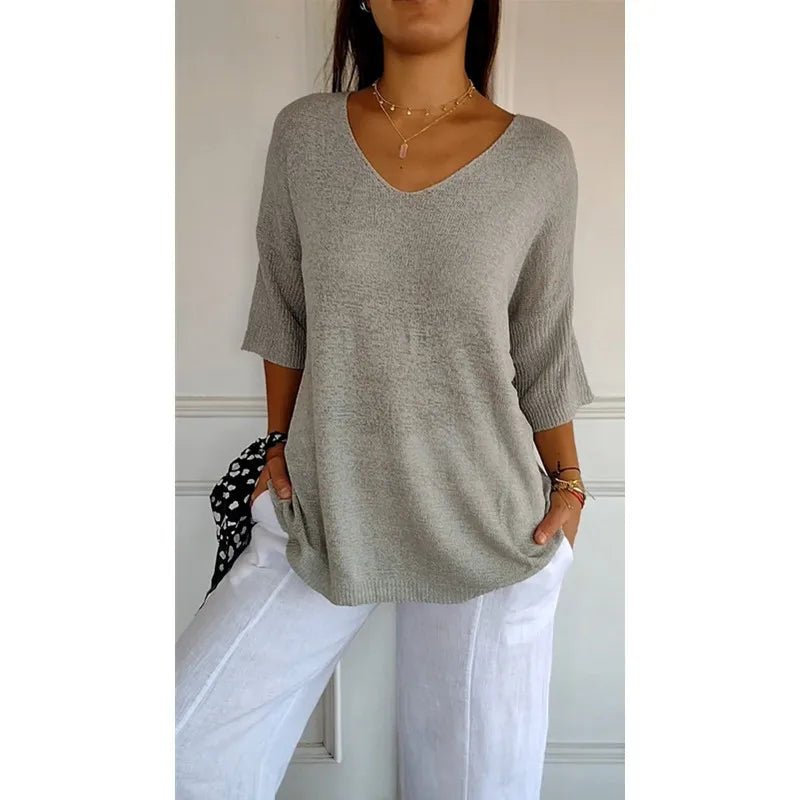 Women V Neck 3/4 Long Sleeve Solid Knitted Pullover Sweater Tops ZBWFZ - 901 - PurePaw