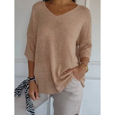 Women V Neck 3/4 Long Sleeve Solid Knitted Pullover Sweater Tops ZBWFZ - 901 - PurePaw