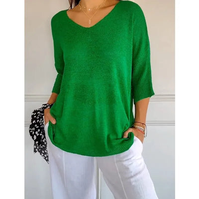 Women V Neck 3/4 Long Sleeve Solid Knitted Pullover Sweater Tops ZBWFZ - 901 - PurePaw