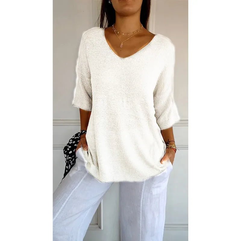 Women V Neck 3/4 Long Sleeve Solid Knitted Pullover Sweater Tops ZBWFZ - 901 - PurePaw