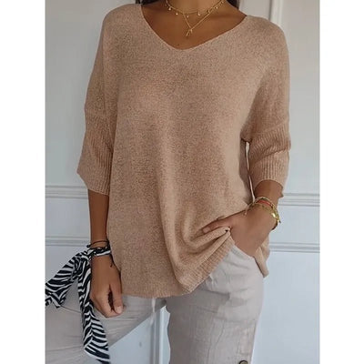 Women V Neck 3/4 Long Sleeve Solid Knitted Pullover Sweater Tops ZBWFZ - 901 - PurePaw