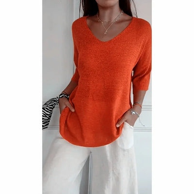 Women V Neck 3/4 Long Sleeve Solid Knitted Pullover Sweater Tops ZBWFZ - 901 - PurePaw